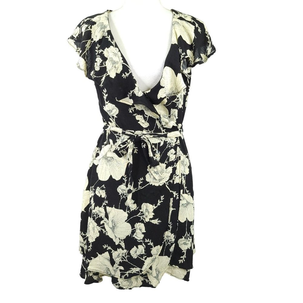Free People Kimono Wrap Jacket Mini Dress Beach CoverUp Black Floral Size S Boho